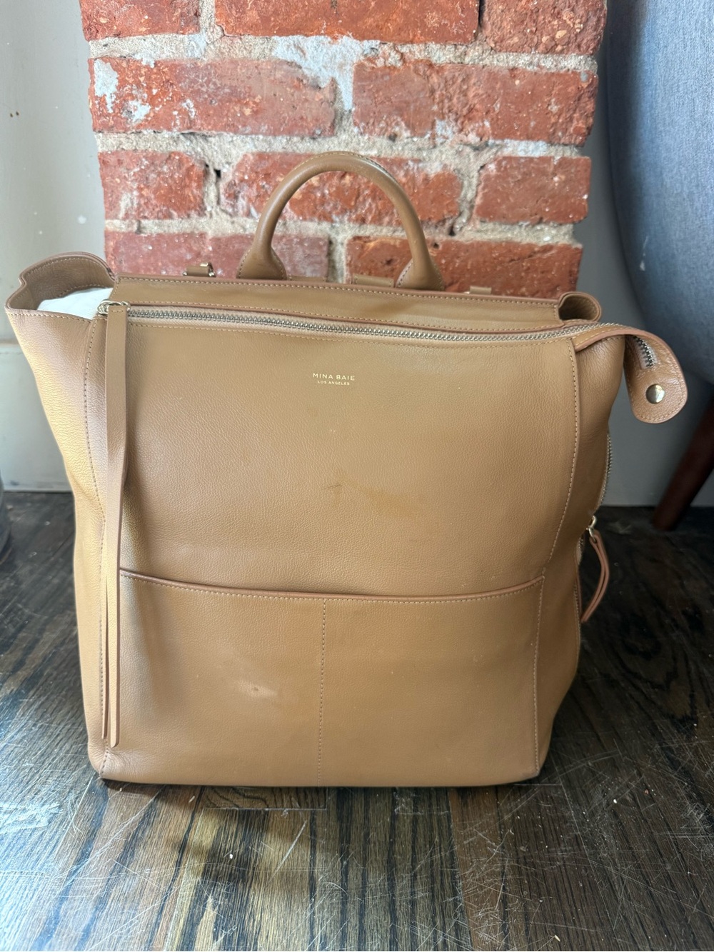 Mina Baie Tan Leather Harper Backpack/Diaper Bag